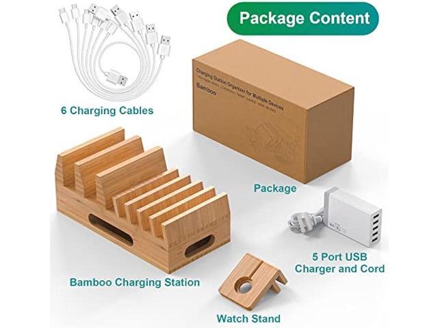 Pezin & Hulin Bamboo Charging Station Holder with 5 Port USB Charger, Watch Stand, 6 x Charge Cable, Wood Docking Stand Electronic Organizer for...