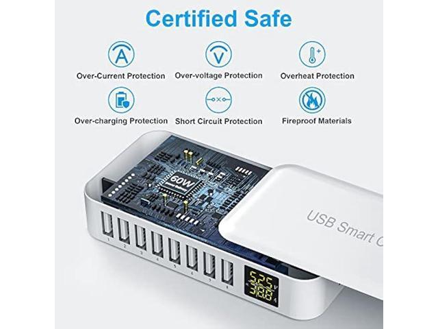 USB Charging Station, Ziwodiv 8-Port 60W/12A USB Charger Station, Multi Ports USB-A Charging Hub with LED Display, Compact Desktop Charger for...