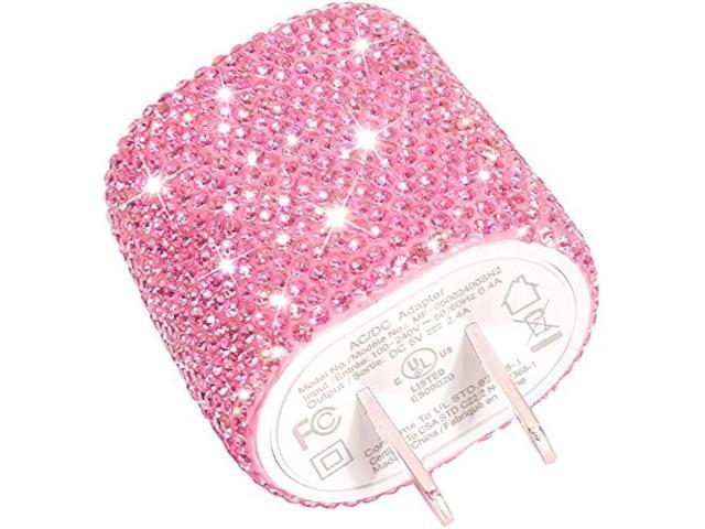 USB Wall Charger Bling 5V/2.4A 24W Dual Port Fast Charger Plug Cell Phone Block Adapter Pink for iPhone Android Samsung iPad Tablet etc.