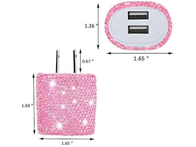 USB Wall Charger Bling 5V/2.4A 24W Dual Port Fast Charger Plug Cell Phone Block Adapter Pink for iPhone Android Samsung iPad Tablet etc.