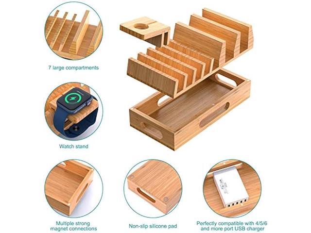 Pezin & Hulin Bamboo Charging Station Organizer for Multiple Devices & Wood Desktop Docking Charging Stand Such As Cell Phone, Tablets, Phone Case...