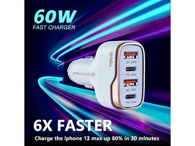 SUNDA 60W USB C Fast Car Charger, 4-Ports Car Charger Adapter, Dual Type C PD30W/PPS30W Compatible with iPhone14/13 Pro/Max/iPhone12/iPad...