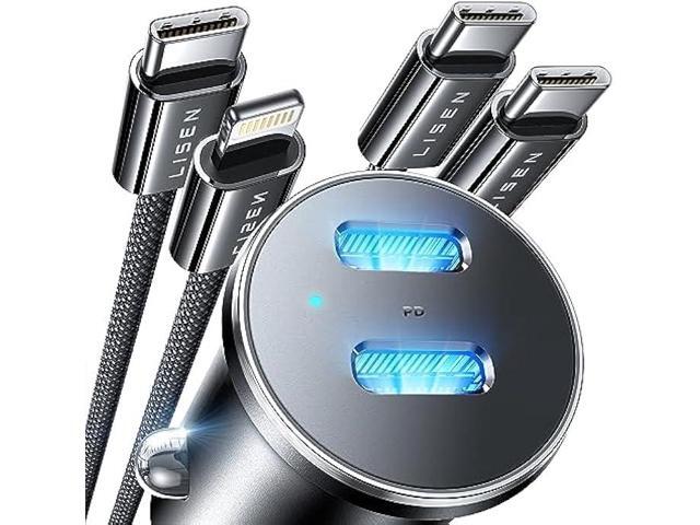 LISEN 90W USB C Car Charger, Dual USB C Port PD45W iPhone Car Charger Fast Charging, Mini Car Charger USB C with USB C Cable & Lightning Cable for...