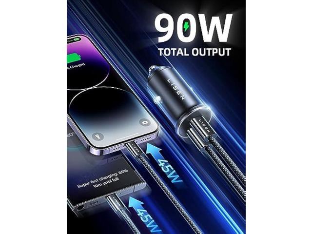 LISEN 90W USB C Car Charger, Dual USB C Port PD45W iPhone Car Charger Fast Charging, Mini Car Charger USB C with USB C Cable & Lightning Cable for...