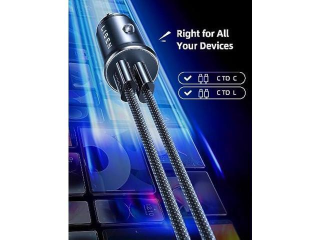 LISEN 90W USB C Car Charger, Dual USB C Port PD45W iPhone Car Charger Fast Charging, Mini Car Charger USB C with USB C Cable & Lightning Cable for...
