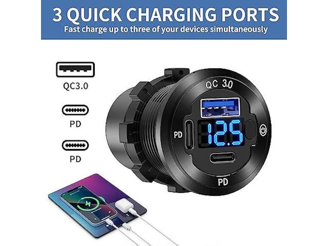 12V USB Car Socket Round USB C 12V Outlet, 3-Port Marine USB Fast Charger Waterproof Cigarette Outlet USB Replacement Aluminum with Switch &...