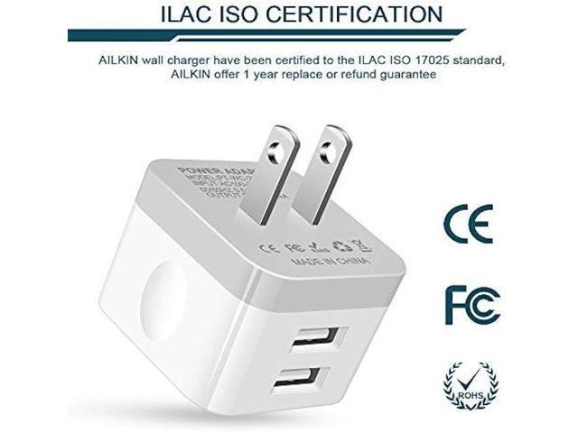 2Pack USB Wall Charger Plug, AILKIN 2.4A Dual Port USB Adapter Power Cube Fast Charging Station Box Base for iPhone 15 14 13 12 Pro Max SE 11 XR XS...