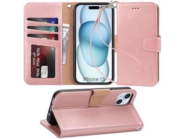 Arae Compatible with iPhone 15 Case with Card Holder and Wrist Strap Wallet Flip Cover for iPhone 15 6.1 inch,Rose Gold