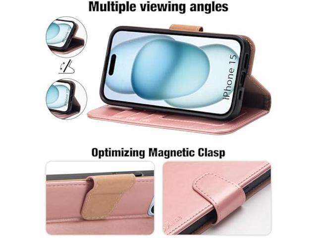 Arae Compatible with iPhone 15 Case with Card Holder and Wrist Strap Wallet Flip Cover for iPhone 15 6.1 inch,Rose Gold