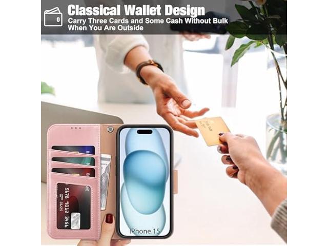 Arae Compatible with iPhone 15 Case with Card Holder and Wrist Strap Wallet Flip Cover for iPhone 15 6.1 inch,Rose Gold