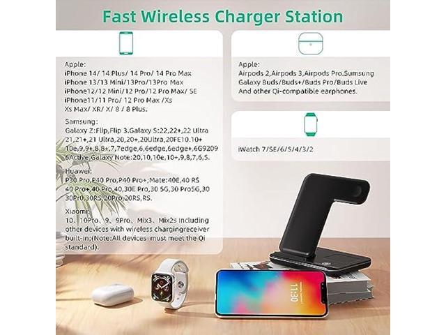 Wireless Charger 3 in 1 Wireless Charging Station, 15W Fast Wireless iPhone Charger for iPhone 14/13/12/11/Pro/Max/XS/XR/X/8/Plus, Charger Station...