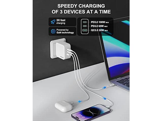 Nekteck GaN Charger 100W USB C Charger 3-Ports with PD.3 and QC.3, Compact Fast Foldable Wall Charger for iPhone 15 Series, MacBook Pro/Air, Google...