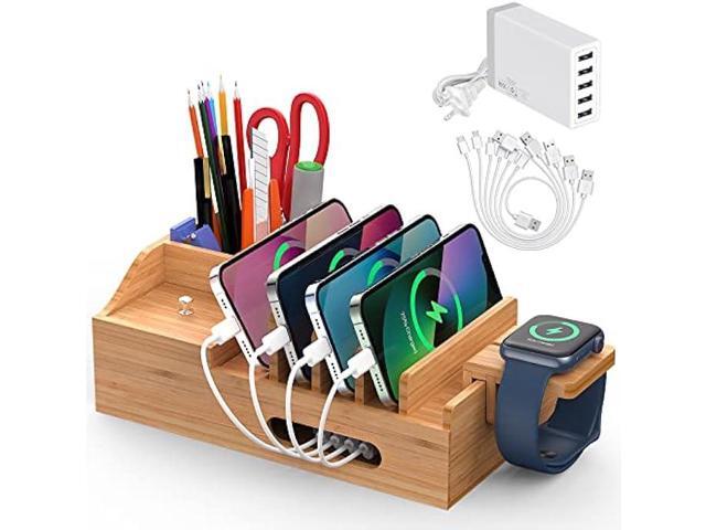 Bamboo Charging Station for Multiple Devices with 5 Port USB Charger, 6 Charger Cables and Smart Watch Stand. Wood Desktop Dock Stations Electronic...