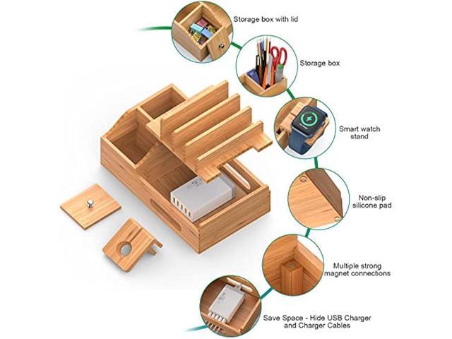 Bamboo Charging Station for Multiple Devices with 5 Port USB Charger, 6 Charger Cables and Smart Watch Stand. Wood Desktop Dock Stations Electronic...