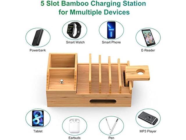 Bamboo Charging Station for Multiple Devices with 5 Port USB Charger, 6 Charger Cables and Smart Watch Stand. Wood Desktop Dock Stations Electronic...