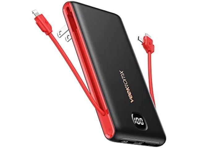 VEEKTOMX Portabel Charger for iPhone, USB C Fast Charging Power Bank with Built in Wall Plug and Cables 10000mAh, Slim Battery Pack with LED...