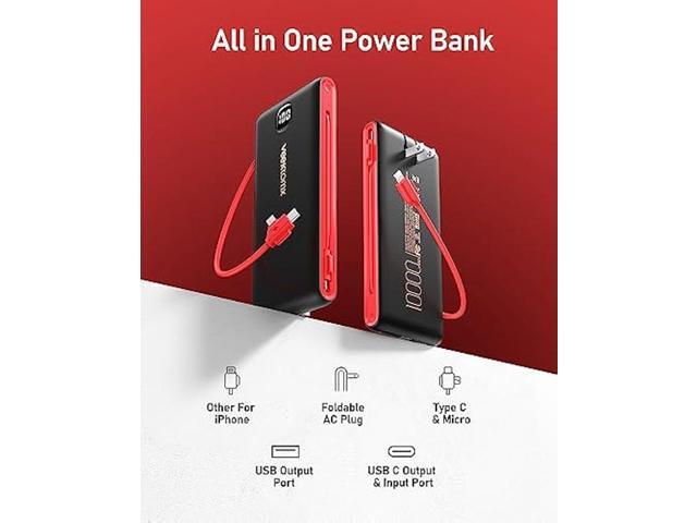 VEEKTOMX Portabel Charger for iPhone, USB C Fast Charging Power Bank with Built in Wall Plug and Cables 10000mAh, Slim Battery Pack with LED...