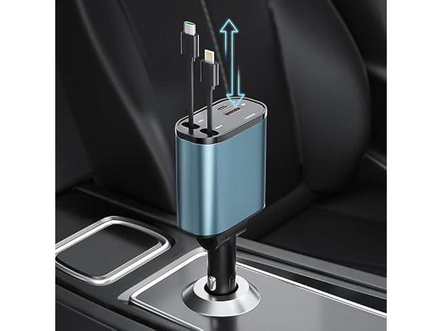 Retractable Car Charger, 4 in1 Fast Car Phone Charger 120W, 2.7Ft Retractable Cables and 4 Electronic Ports, Car Charger Compatible for iOS &...
