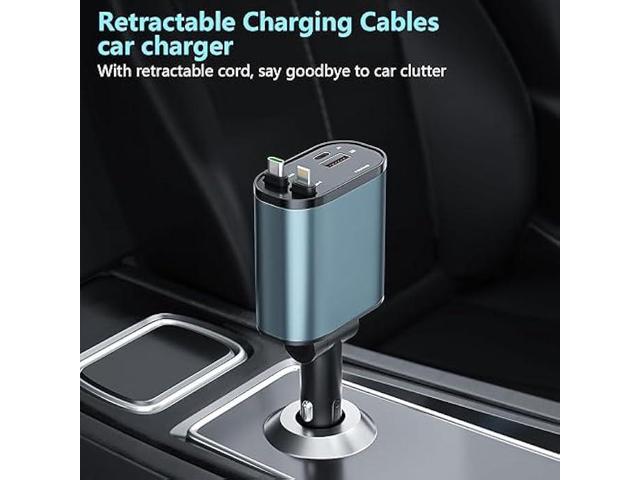 Retractable Car Charger, 4 in1 Fast Car Phone Charger 120W, 2.7Ft Retractable Cables and 4 Electronic Ports, Car Charger Compatible for iOS &...
