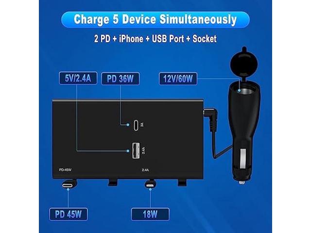 Multi Car Retractable Backseat Car Charger 5 in 1 Car Charging Station Box for Notebook/iPhone/Samsung, 60W Cigarette Lighter Adapter with 1M Cable...