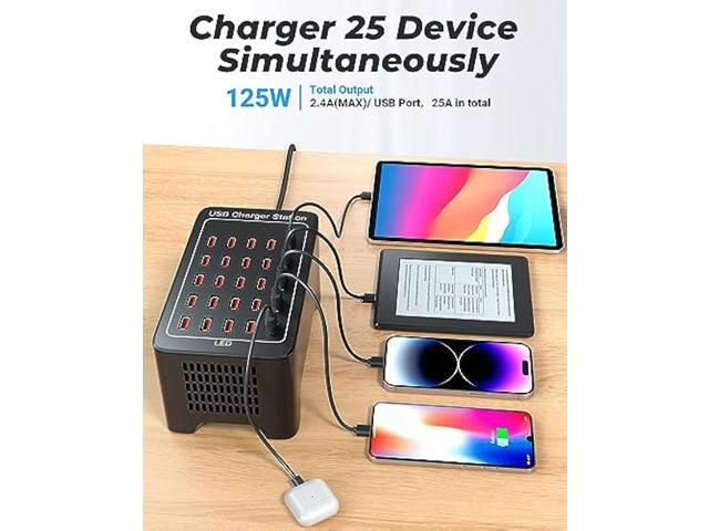 USB Charging Station, 25 Port 125W(25A), Travel Desktop USB Rapid Charger, Multi Ports Fast Charging Station Organizer Compatible with Smartphones,...