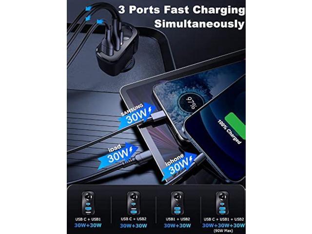 4 in 1 USB C Car Charger Adapter, 210W Multi USB Cigarette Lighter Adapter, Socket Splitter with 3 USB Ports, 12V/24V Outlet Dual USB Type C PD...
