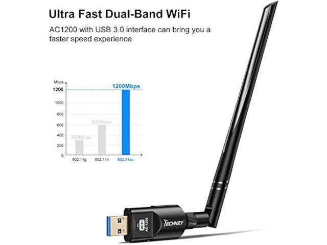 USB WiFi Adapter 1200Mbps Techkey USB 3.0 WiFi Dongle 802.11 ac Wireless Network Adapter with Dual Band 2.42GHz/300Mbps 5.8GHz/866Mbps 5dBi High...