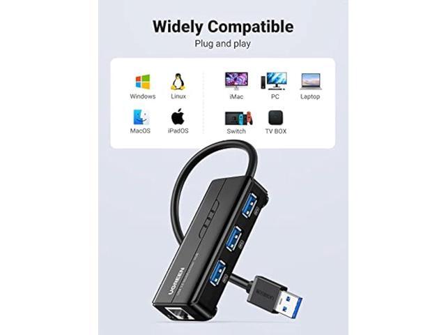 UGREEN USB 3.0 Hub Ethernet Adapter 10 100 1000 Gigabit Network Converter with 3 USB 3.0 Ports Hub Compatible with Laptop PC Nintendo Switch...