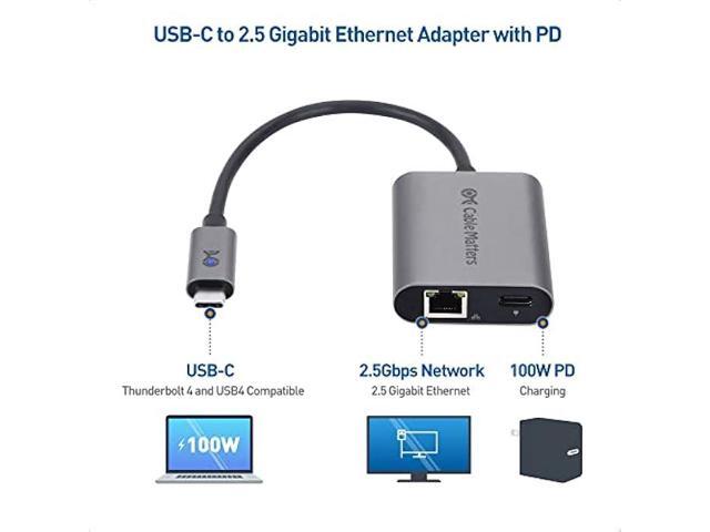 Cable Matters USB C to 2.5 Gigabit Ethernet Adapter with Charging 100W, 2.5g Ethernet to USB-C Adapter (2.5gbps Ethernet Port) - Compatible with...