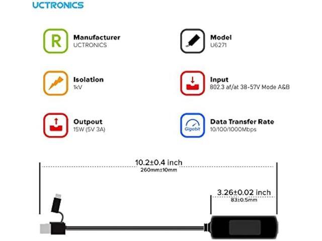 UCTRONICS Gigabit PoE Splitter 5V 3A, 2-in-1 PoE to USB C/Micro USB Adapter, IEEE 802.3af/at Compliant 10/100/1000Mbps for Raspberry Pi 3/4,...