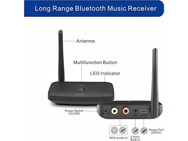 Besign BE-RCA Pro Long Range Bluetooth Adapter for Bluetooth Music Streaming, Black