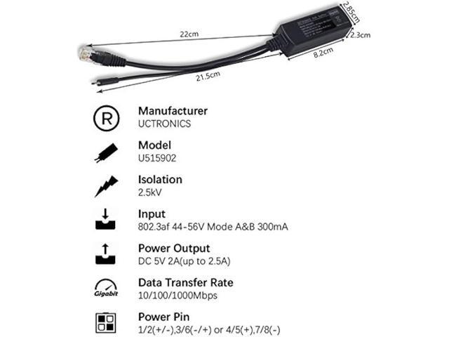 UCTRONICS PoE Splitter Gigabit 5V - Micro USB Power and Ethernet to Raspberry Pi 3B+, Work with Echo Dot, Most Micro USB Security Camera and Tablet...