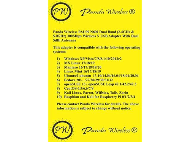Panda Wireless PAU09 N600 Dual Band (2.4GHz and 5GHz) Wireless N USB Adapter W/Dual 5dBi Antennas - Windows XP/Vista/7/8/8.1/10/11, Mint, Ubuntu,...