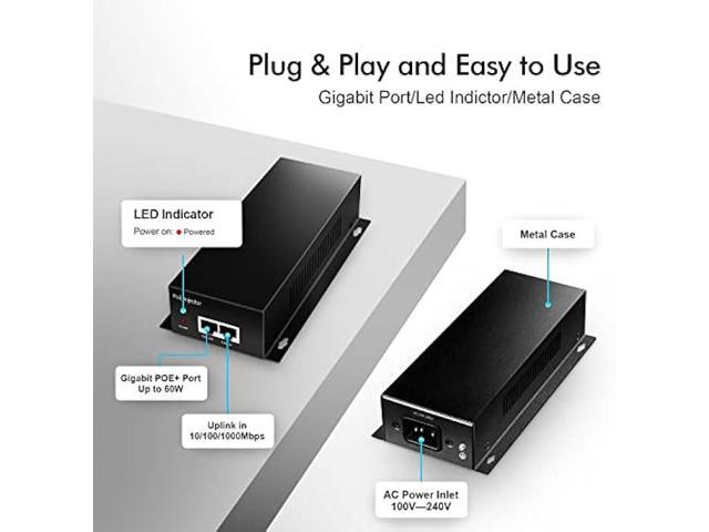 YuLinca Gigabit PoE+ Injector, 60W 802.3af/at/bt, 1000Mbps, Plug & Play, Desktop/Wall-Mount Metal, Distance Up to 100 Meters (328 ft.)
