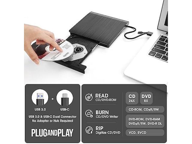 ROOFULL External CD DVD +/-RW Drive USB 3.0 & USB-C ROM Disc Player Burner Reader Writer Optical Portable with Carrying Case for Laptop Mac MacBook...