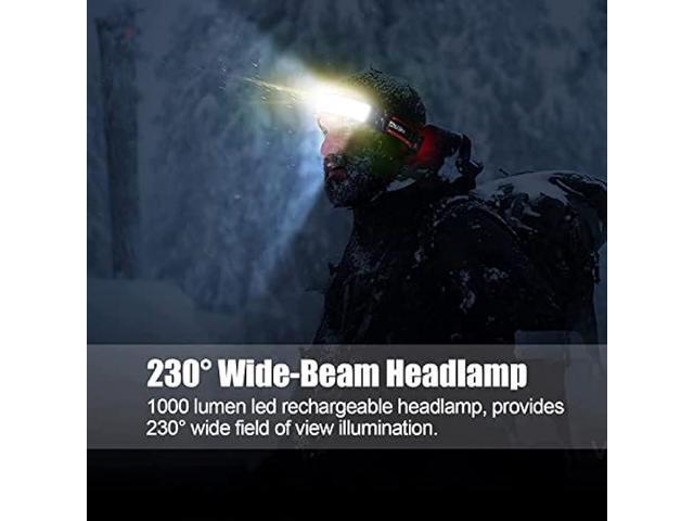 Spriak LED Rechargeable Headlamp, 1000lumens 230° Widebeam Headlight, USB Rechargeable Head Lamp with Red Taillight, Lightweight Waterproof...