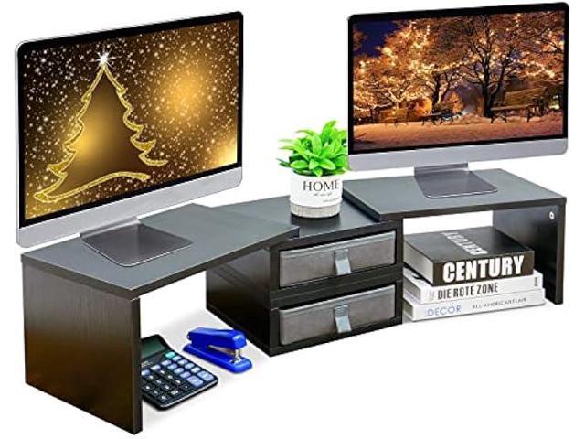 TEAMIX Dual Monitor Stand Riser with 2 Drawers-Length and Angle Adjustable 3 shelf Monitor Riser with Storage Desk Organizer Large Computer Monitor...