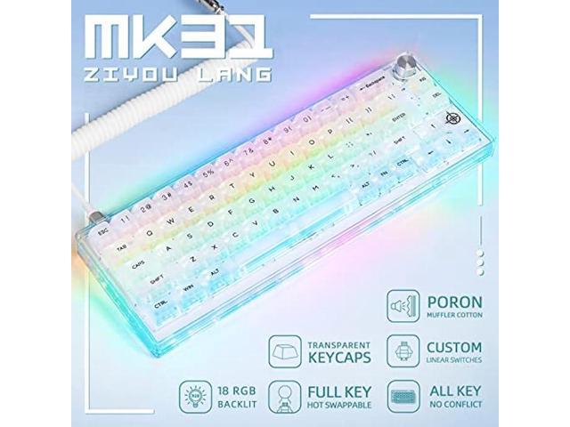 65% Hot-Swap Wired Mechanical Gaming Keyboard Programmable with Transparent 66 Key Full Side RGB OWERTY Linear Ice White Switch Custom Coiled C to...