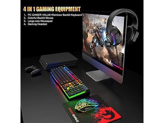 Wired Gaming Keyboard and Mouse Headset Combo,Rainbow LED Backlit Wired Keyboard,Over Ear Headphone with Mic,Rainbow Backlit Gaming Mice,Mouse...