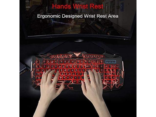 Gaming Keyboard Mouse Headset Combo,USB Wired Crack Backlit Keyboard,114 Keys Letters Glow LED Keyboard,Red LED Light Headset for Laptop PC...