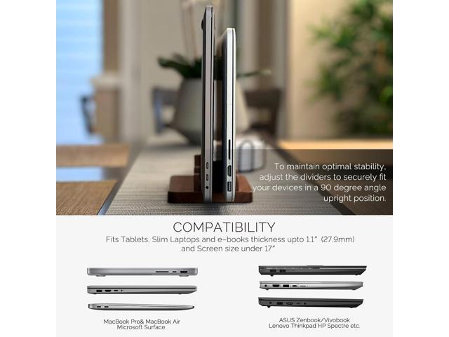 Dual Vertical Laptop Holder for Desk and Side Table, Space Saver, Adjustable Slot Vertical Laptop Holder - Minimal, Upright and Walnut Wood for...