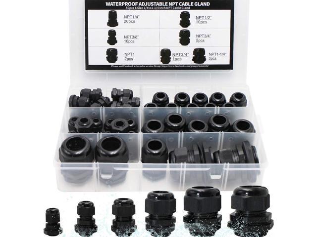 MAKERELE Cord Grip Cable Glands Kit for Electrical Box NPT Waterproof Nylon Strain Relief 1/4 3/8 1/2 3/4 1 1-1/4 50pcs Junction case Connector...
