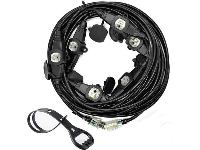 50FT Multiple Power Extension Cord Black,7 Evenly-Spaced Inline Outlet, LED Indicator.16 Gauge 13Amp 1625Watts,Weatherproof Ideal for Outdoor...