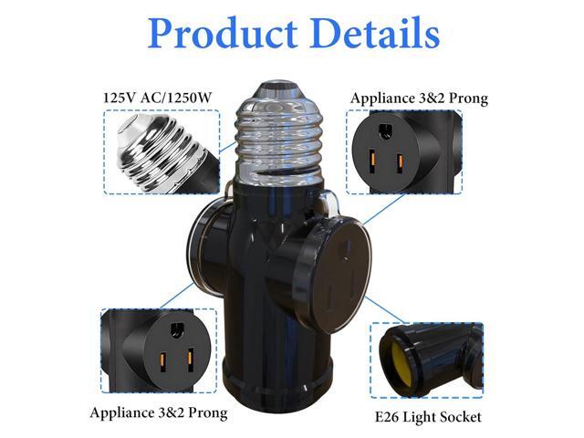 2 Pcs Luntak 3 Prong Light Socket to Plug Adapter, E26 Light Socket Outlet Outdoor, Light Bulb to 2/3 Prong Outlet Socket Splitter Converter...