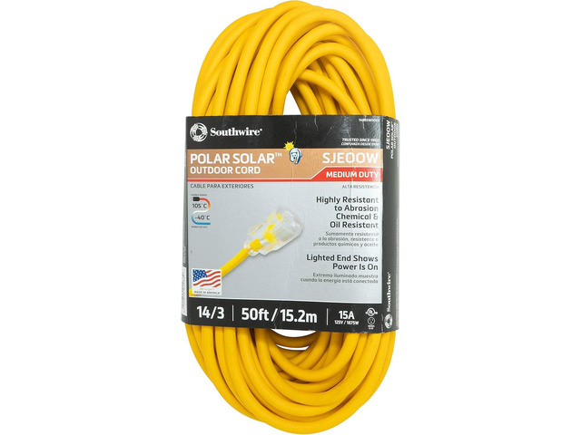 Southwire Polar Solar Extension Cord - Lighted End Indicator & Rugged Jacket for Cold Weather Use - SJEOOW Extension Cord - 14 Gauge - 50 Foot -...