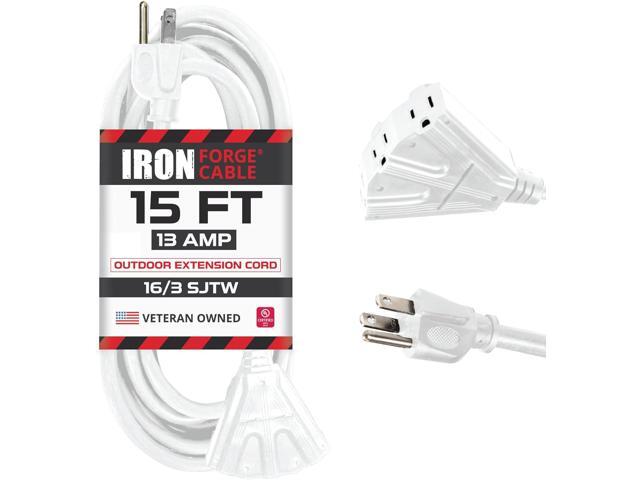 Iron Forge Cable 15ft White Outdoor Extension Cord with 3 Outlets - 16/3 SJTW 15ft Extension Cord 3 Prong, 13 Amp All-Weather Heavy Duty Power Cable