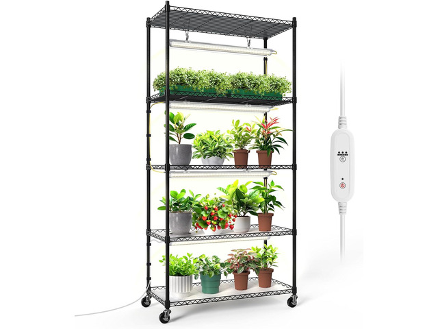 Plant Shelf with Grow Lights, 5-Tier Plant Stand with T8 24W Grow Light for Indoor Plants with Wheel, 5000K Full Spectrum LED Plant Light with...