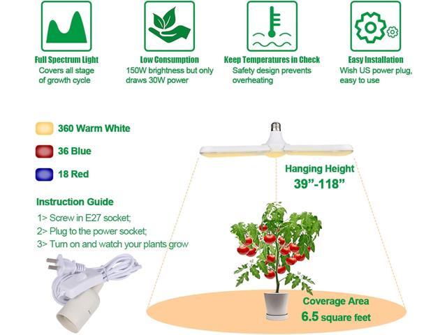 150W LED Grow Light Bulb Foldable Sunlike Full Spectrum Lamp for Indoor Plants, 414 LEDs Sunlike Grow Lights with Power Cord, E27 Plant Lamp for...