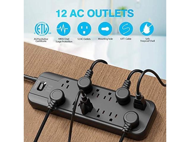 VINTAR Power Strip Surge Protector (2 × 4800 Joules) with 12 AC Outlets,1875W Output,6ft Long Extension Cord Flat Plug with Dual Surge Protection...