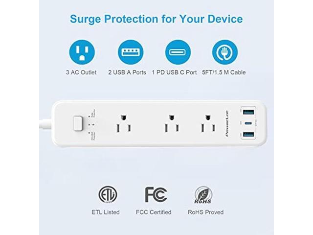 Power Strip, PowerLot USB Power Strip Surge Protector, 3 Outlets & 32W USB (1 USB C& 2 USB A) PD Power Strip with Extension Cord 5ft, ETL Flat Plug...